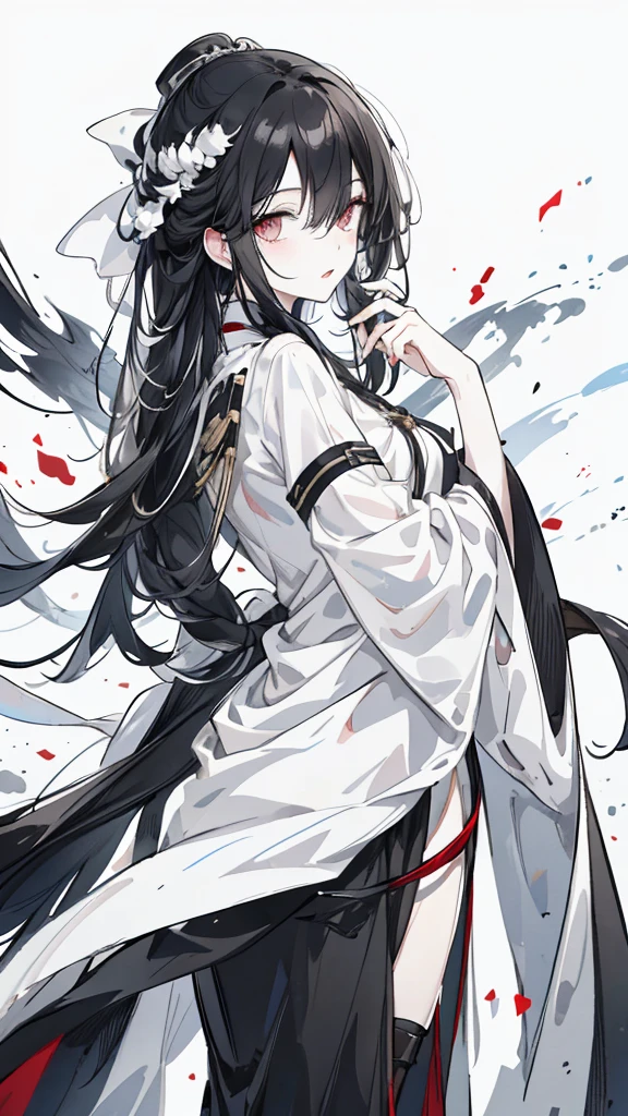 wagtail,Long black hair,Hair tips are white,Different colored eyes,The eyes are different color,The left eye is black,Right eye is silver,White military uniform with black decoration