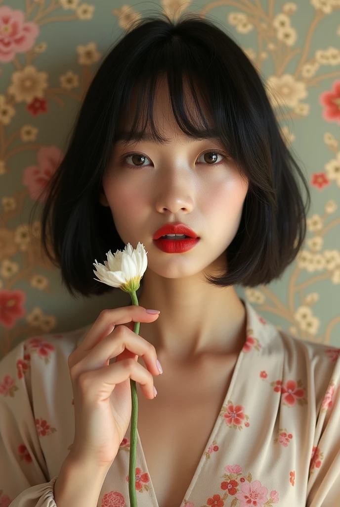 editorial photography,super detailed background,Super realistic,double exposure,depth of field,asian beauty super skinny vides,soft focus tone,narrative scene,Wabi-Sabi wallpaper,open Crimson lips,narrow eyes,super short bob-cut hairstyle,baby face,Portrait photo of a woman with a single flower,