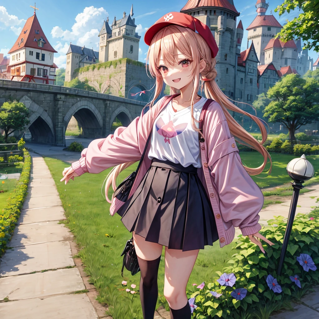 Pink Blonde、Red eyes、Hair tied up、Two cute、Checked mini skirt、black t-shirts、cardigan、Knee-high socks、bear ears baseball cap、Teeth are visible、Monster Castle、Tilting face、crossing the bridge、hazakura、windmill、grass、Stones are growing out of the ground.、impregnable、A teddy bear is walking、Morning glory is blooming.、In front of the city gates、gear