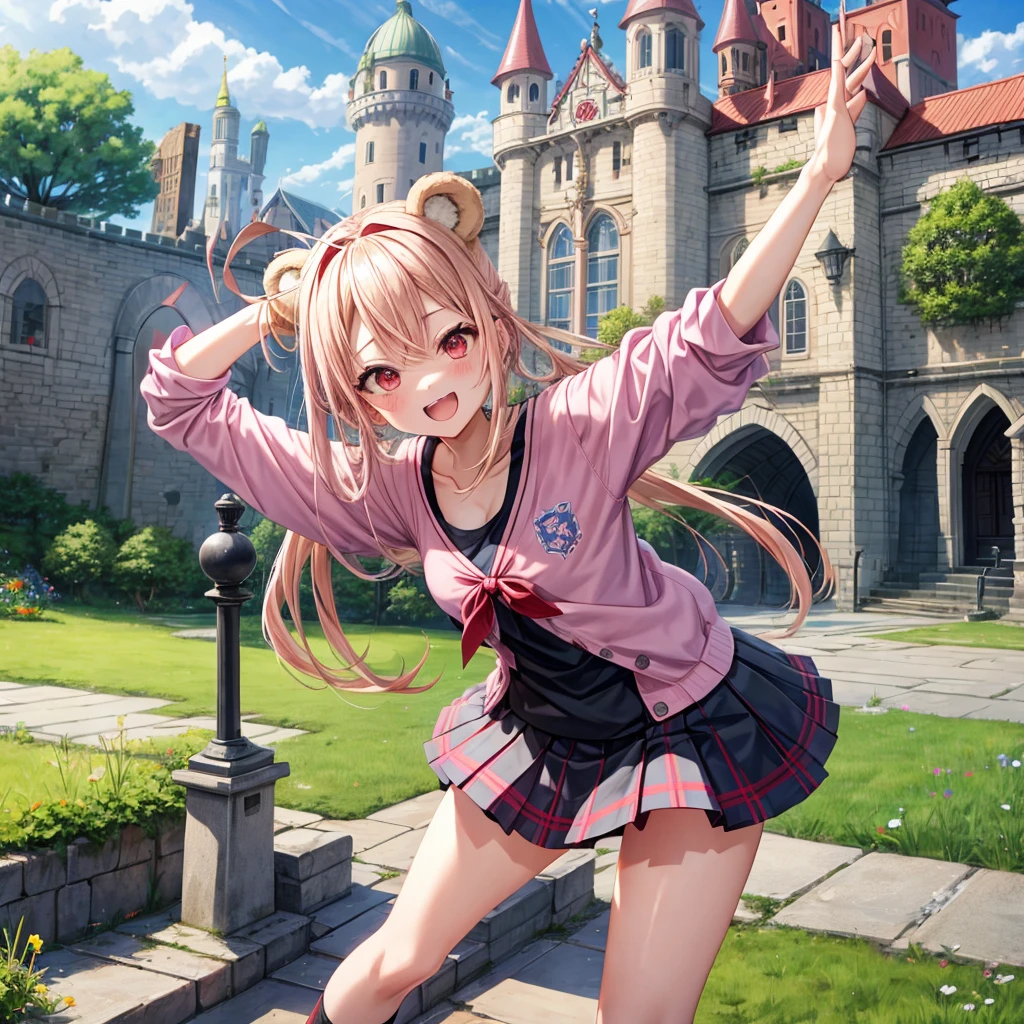 Pink Blonde、Red eyes、Hair tied up、Two cute、Checked mini skirt、black t-shirts、cardigan、Knee-high socks、bear ears baseball cap、Teeth are visible、Monster Castle、Tilting face、crossing the bridge、hazakura、windmill、grass、Stones are growing out of the ground.、impregnable、A teddy bear is walking、Morning glory is blooming.、In front of the city gates、gear