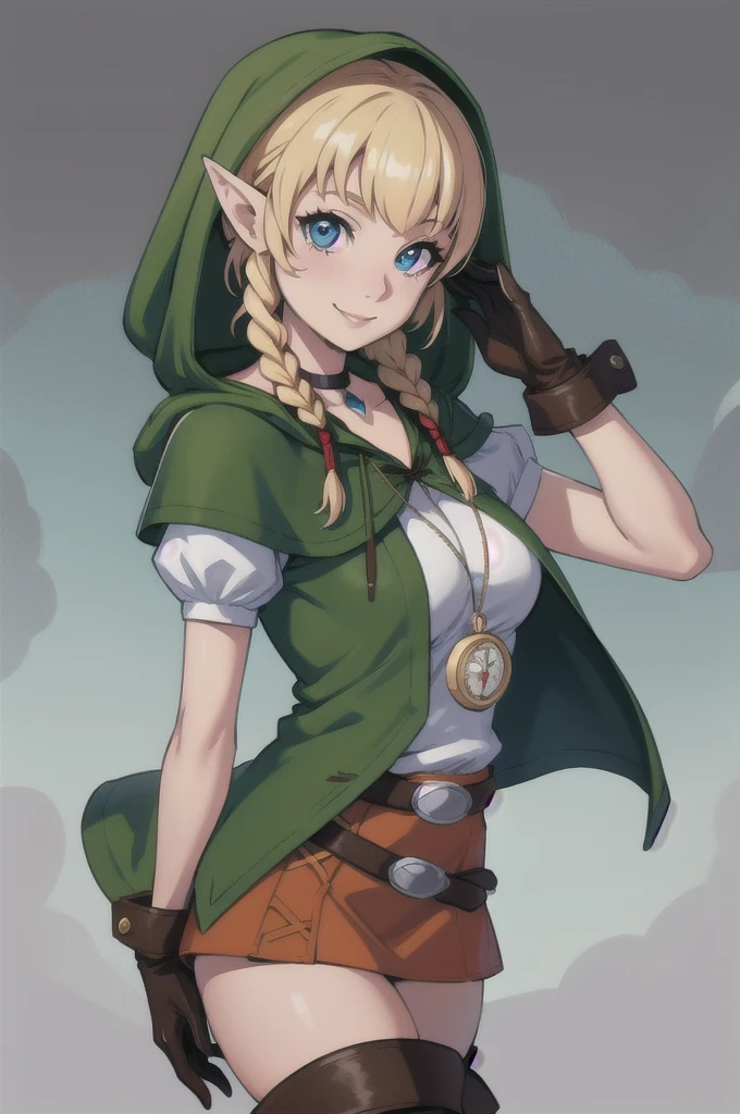 (masterpiece, best quality:1.2), solo, 1girl, linkle, smile, looking at viewer, twin braids, pink capelet, hood, leather gloves, skirt, thigh boots, choker, belt big breasts 