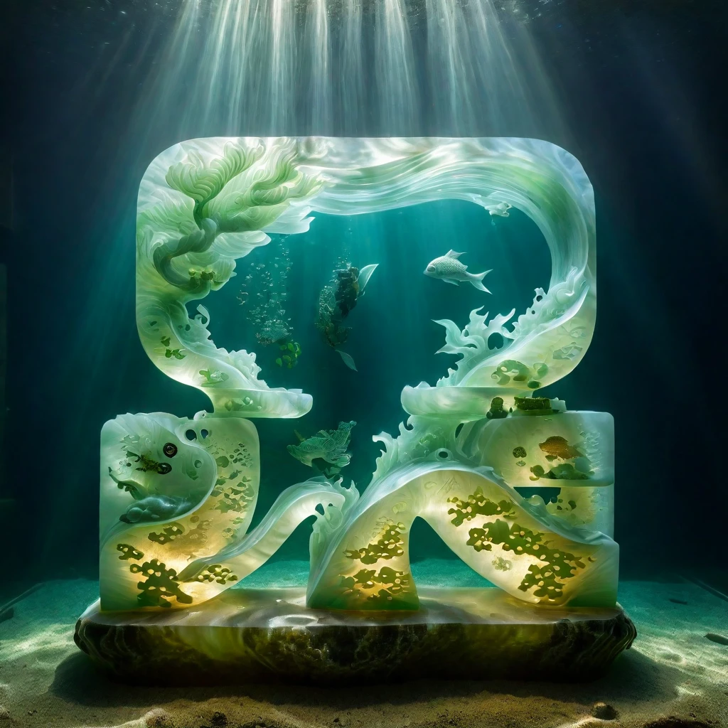 (best quality,4K,8K,high resolution,masterpiece:1.2),Extremely detailed,(Practical,photoPractical,photo-Practical:1.37),Carved jade,diver,scuba diving,Blue Ocean,soda water,Underwater exploration,Peaceful environment,Sunken treasure,exquisite craft,Beautifully carved figures,Rich green hue,Master Carver,Traditional Chinese Art,Precise details,Jade carvings reflected in water,Calm expression,diver's mask and gear,fish swimming alongside the diver,The dim sunlight penetrates the water,Stunning underwater scenes,Bright colors,Smooth polished surface,Sculptured ocean waves in the background,Attention to detail,Translucent jade material,Fascinating marine life,Peaceful underwater world,Jade carving depicting marine life,Subtle light,Ethereal Beauty,Underwater coral reef,diver's interactions with sea creatures,A true display of water test,Fascinating underwater lighting and shadows,Practical depiction of diver's movement,Subtle texture on the engraved surface,Carved jade plants surrounding the scene,Glittering reflections on carvings,waves gently caressing the diver,Mysterious atmosphere,exquisite craft,Immersive underwater adventure,Seamless integration of jade carving and underwater environment,Compelling visual storytelling,A stunning depiction of underwater tranquility