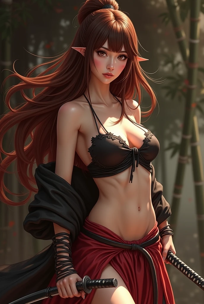 This artwork should be hyper-realistic, capturing every detail with stunning clarity, Imagine a female kunoichi in her prime, with a slender yet toned physique honed for stealth and agility. Hints of muscle definition can be subtly visible, suggesting her hidden strength, Clad in traditional shinobi attire with a twist. Think a dark, flowing uwagi (ninja jacket) strategically open to reveal glimpses of her form, or a hakama (divided skirt) with a higher split showcasing her athletic legs. The key is to maintain the essence of a kunoichi while adding a touch of captivating allure, Pay close attention to the pose - perhaps she kneels gracefully in a hidden alcove, one hand resting on a katana hilt, or stands poised for action with a determined glint in her eye, This kunoichi possesses an ethereal beauty, with flawless features and captivating eyes that radiate intelligence and a hint of hidden danger, Her expression should be one of captivating confidence, with a hint of a focused intensity or a sly smirk that suggests an untamed spirit, Capture the subtle differences in texture between her flawless skin and the smooth silk of her uwagi, show skin, highlighting the contrast between beauty and lethality, Let the pose and the way her clothing drapes hint at her figure and being overly revealing, Emphasize the traditional elements of the kunoichi attire, such as the dark colors, hidden weapons, and perhaps a half-mask peeking out from a pocket,Consider incorporating elements of her environment, like a moonlit bamboo forest or a crumbling temple interior, hinting at her mastery of stealth and deception,This artwork should exude an air of captivating beauty and deadly efficiency, The kunoichi is aware of sexiness and allure, possessing naughtyness and an untamed spirit, NSFW, not safe for work, 
