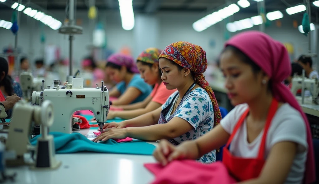 Make a photo of 20 women working inside a garment factory.Employees running sewing machines.