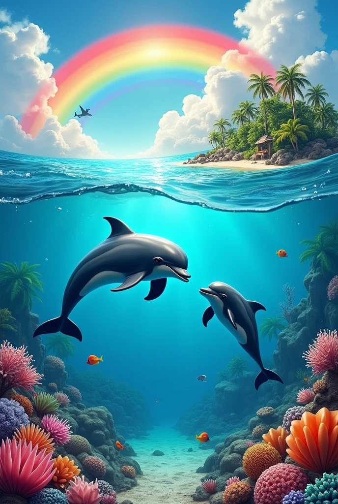 A dolphin with a baby dolphin smiling next to an island with a rainbow and everything is SPARKLY AND COLORFUL and in the ocean there is shells and corals and other see creatures that are also full of color