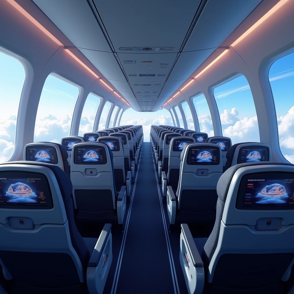 In the cockpit of the aircraft,You can see a lot of airplane seats,The seats have screens on the headrests,Real Effects,No passengers,Can see out the window and back of the seat,Camera rotates 60 degrees VR effect