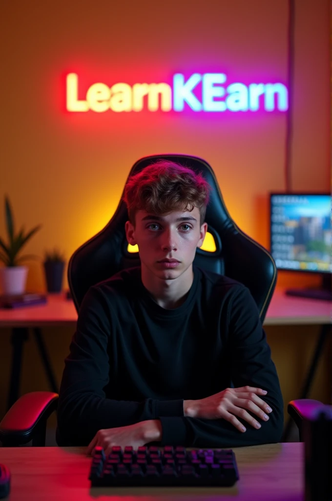 A 20 years boy seat on a game most beautiful black chair. On the top of chairs LearnKEarn write in more attractive gradient color. The boy look straight. He in a room. And ROM i professional developer. And room color is little light yellow 