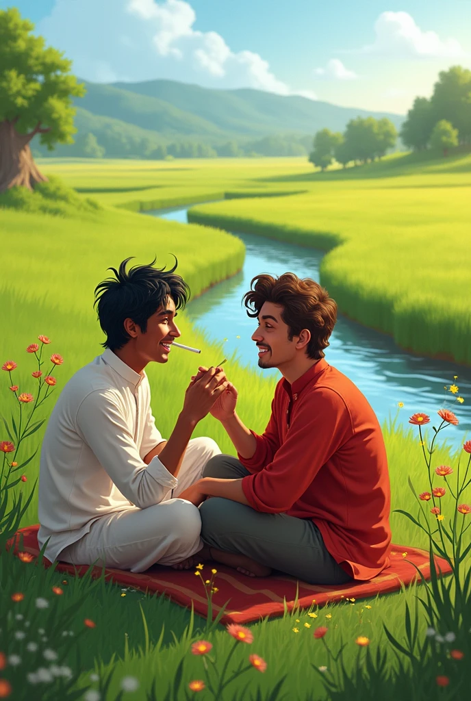 2 dost khet me bidi pite huye bate kr rhe hai background me chhoti si nadi hai