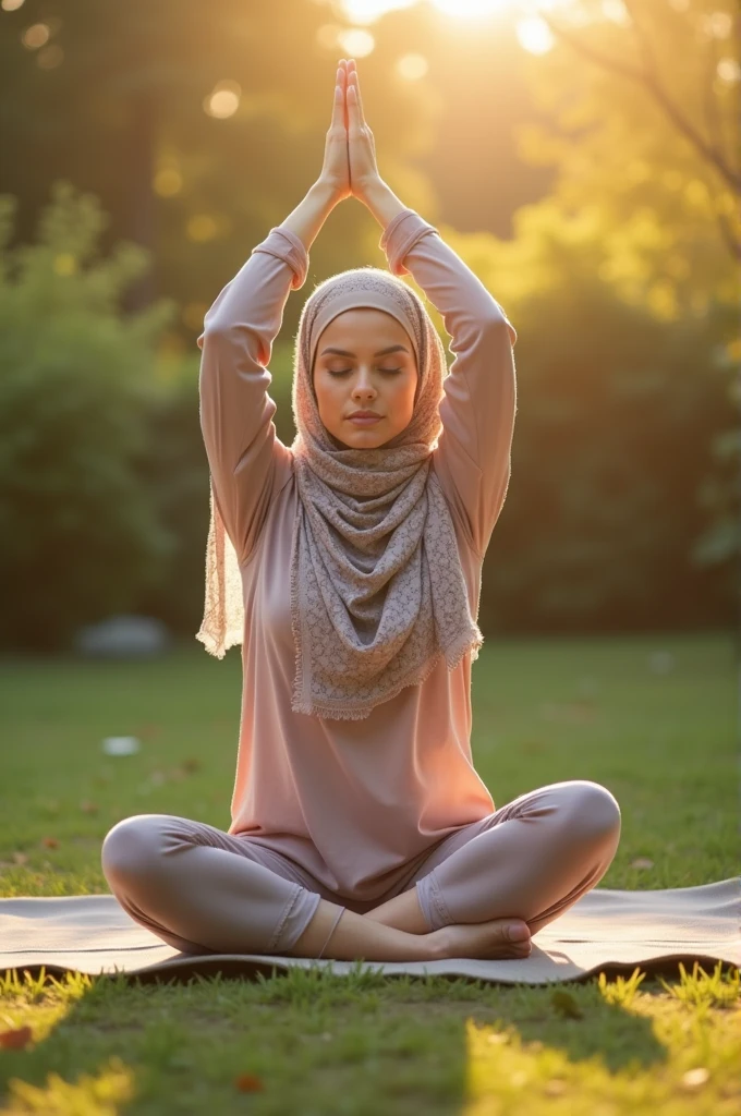 Hijab woman with perfect face doing yoga with her genital area spreads her leg left and right Wear black socks with her hands up