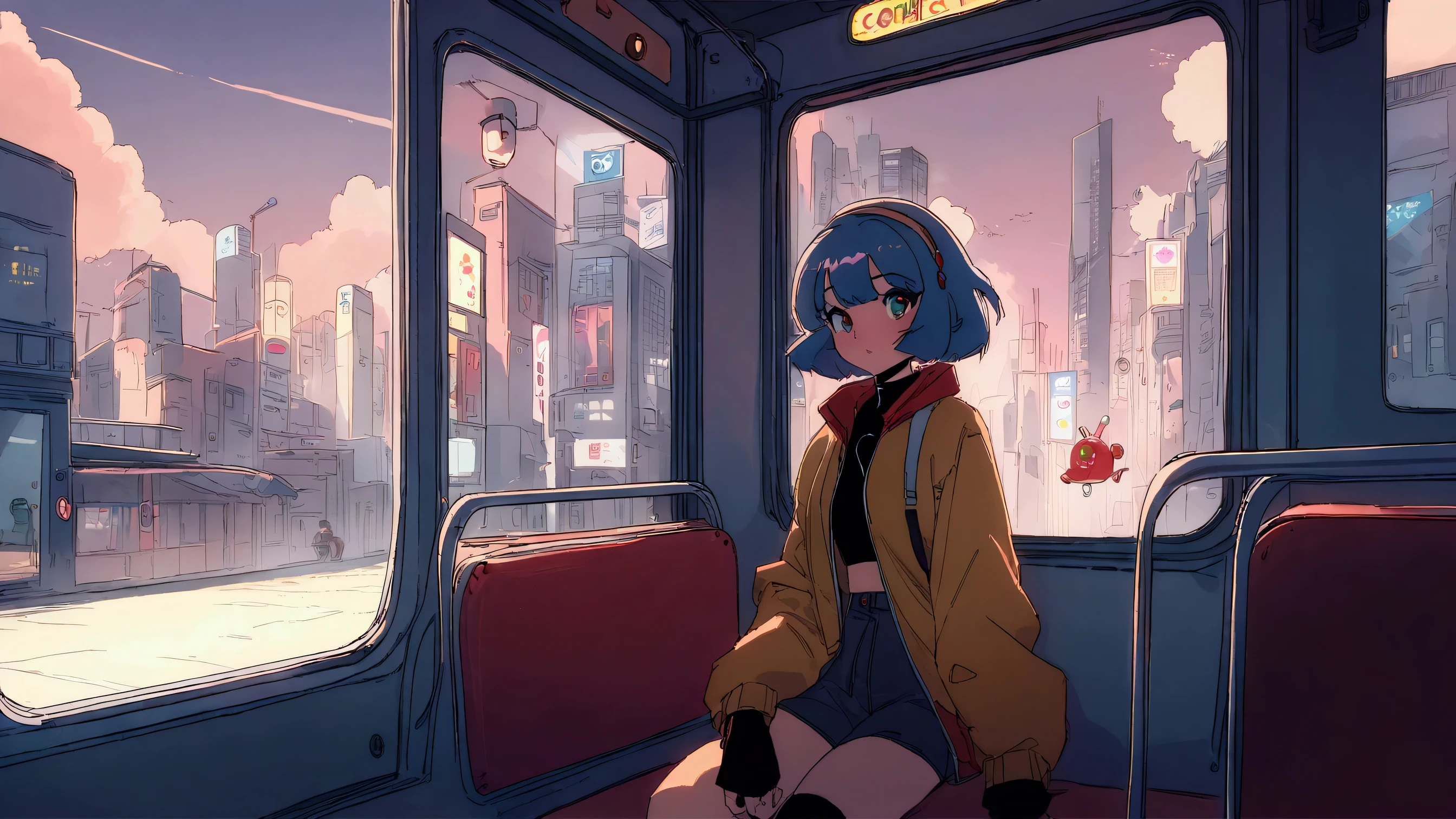 anime girl sitting on a bus looking out the window at the city, an anime drawing by Yuumei, trending on cg society, digital art, lofi hip hop, lofi girl, lofi artstyle, lofi art, lofi feel, chillhop, lofi vibes, lofi aesthetic, lofi, lofi girl aesthetic, anime aesthetic