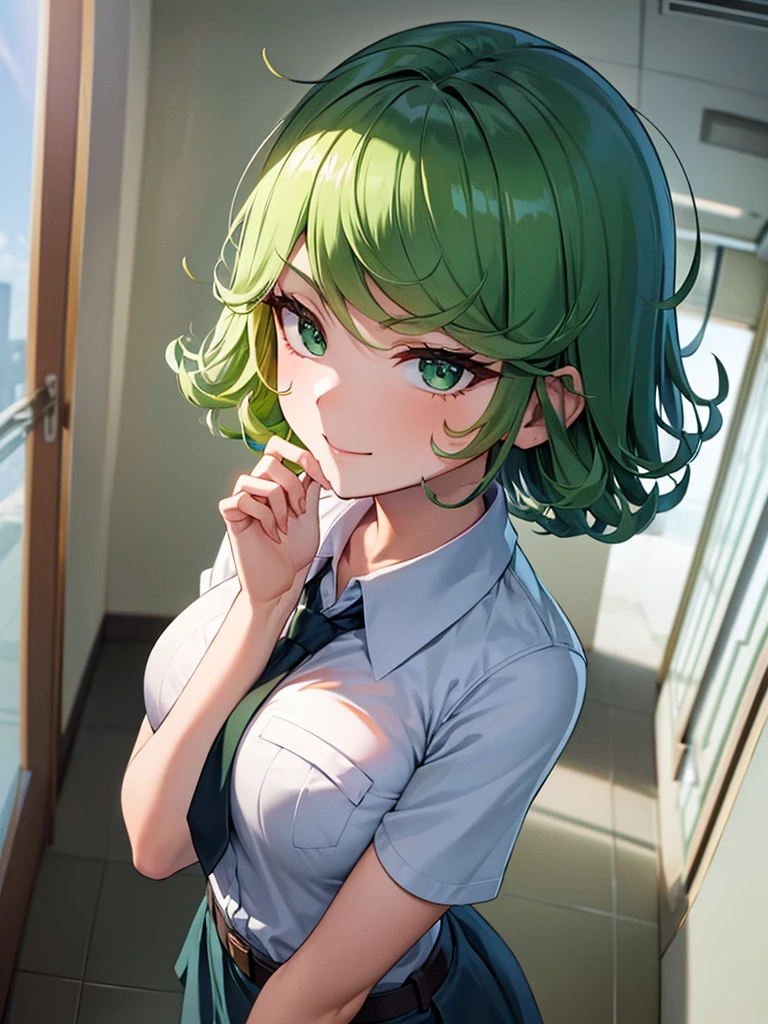 (high res, 8K, masterpiece, looking at viewer, best quality, very aesthetic, ultra detailed, ultra background, ultra Eyes) intricate details, 1girl, Tatsumaki, short sleeved white shirt, Light Blue Gray short skirt, Pockets on the left chest, Blue Gray tie, Wearing a belt, green short hair, green eyes, Normal Face, Background Library, Cinematic Angle