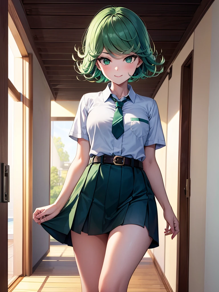 (high res, 8K, masterpiece, looking at viewer, best quality, very aesthetic, ultra detailed, ultra background, ultra Eyes) intricate details, 1girl, Tatsumaki, Chibi, body upright, both hands sideways, Green Short Hair, Green Eyes, short sleeved white shirt, Smile Face, pocket on left chest, wearing a Gray tie, light Blue short skirt, wear a belt, Background school hallway, School, Cinematic Angle