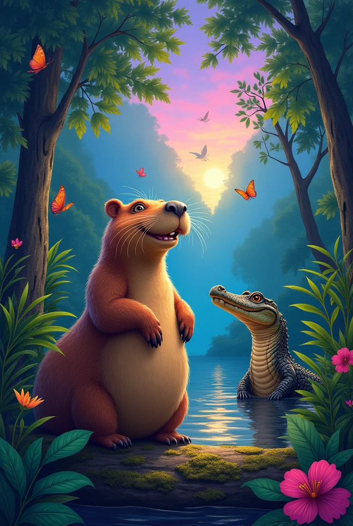 I need a realistic image where the capybara smiled, the alligator joined,
And the anaconda also approached stealthily.
in the middle of the jungle, they finally met,
They danced and laughed, under the indigo sky.
