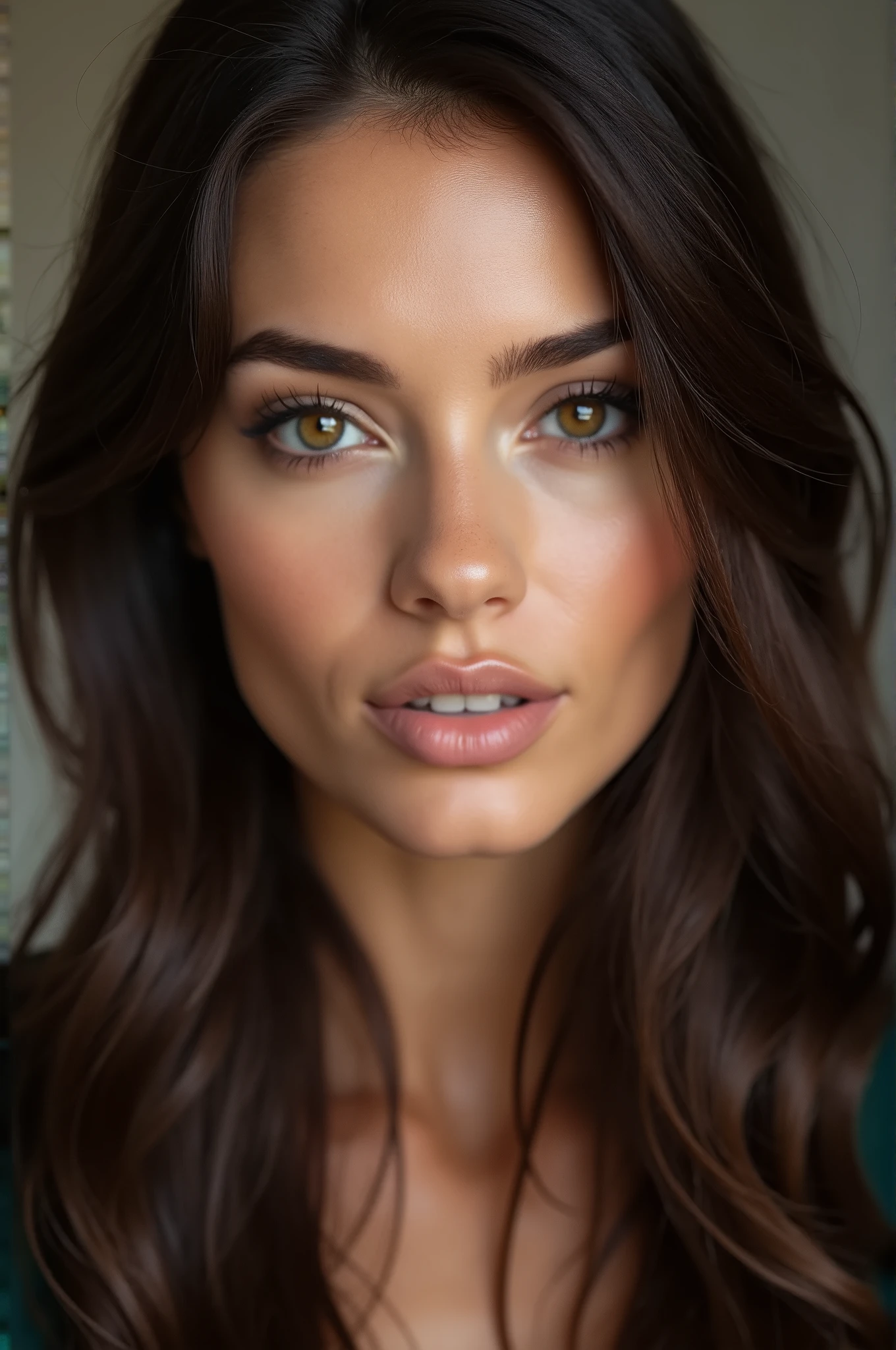 face of a beautiful woman realistic, brune, yeux noisette, fine facial features with long dark brown hair, slightly matte skin