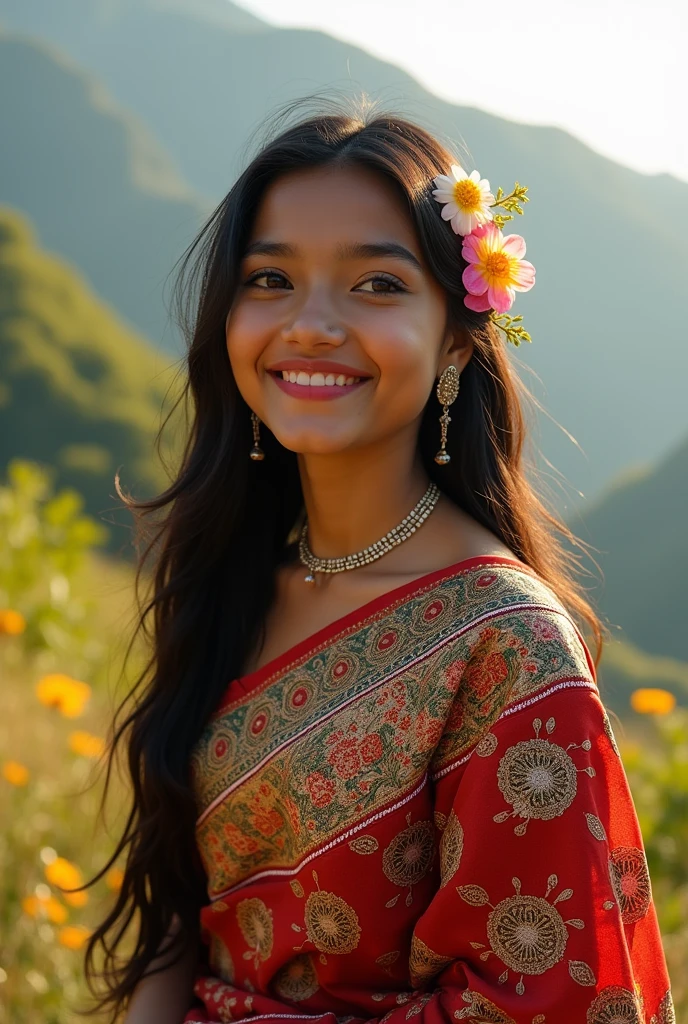 A very beautiful and pretty Nepali girl wearing a traditional Indian saree