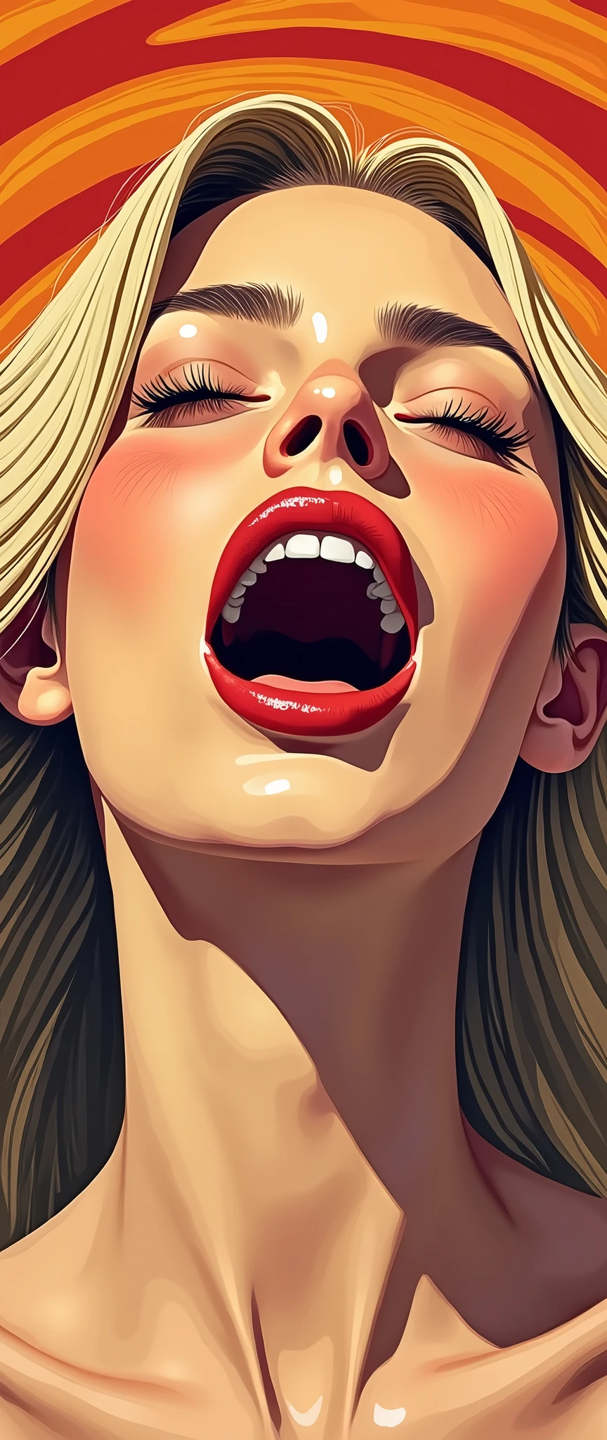 (masterpiece:1.2),(Highest quality),(Super detailed),(Ultra-high resolution),(Best illustrations),8k,wallpaper,Blonde beauty,Open your mouth wide and shout,Vector art,Flat Design,(Dynamic Angle),(Edvard Munch style)