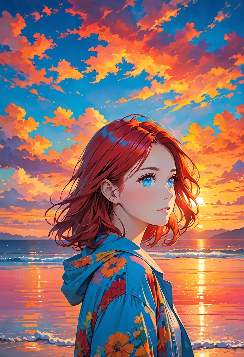 Woman in front of colorful sunset, single girl, alone, red hair, blue eyes,