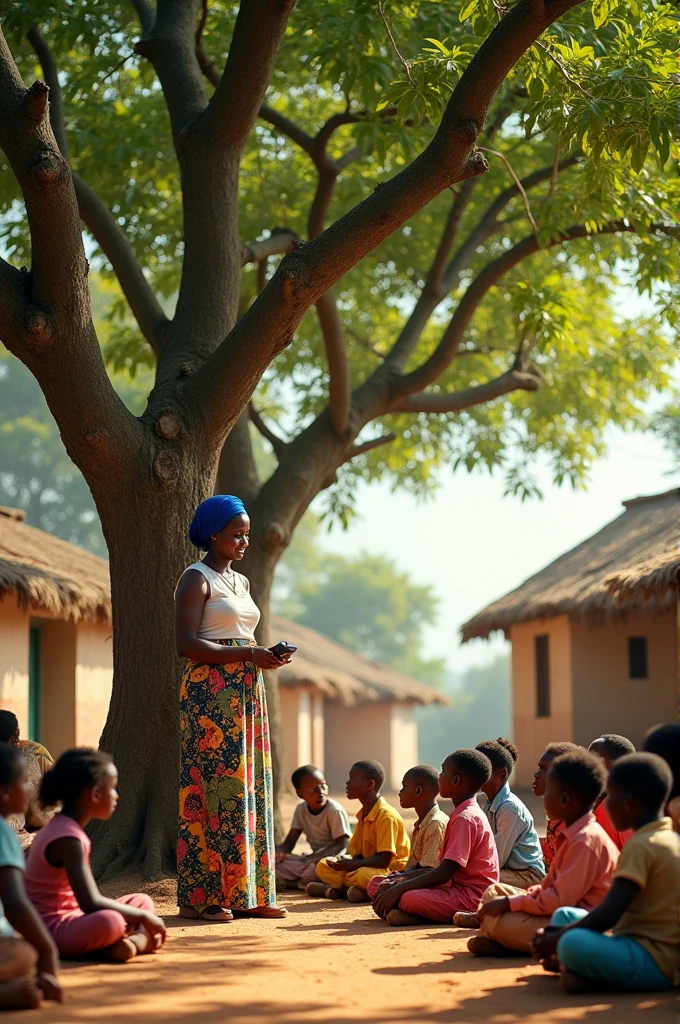 Illustration of a Nigerian teacher age 45, teaching both Nigerian boys and girls sitting under a mango tree in a village square with bamboo and brick houses