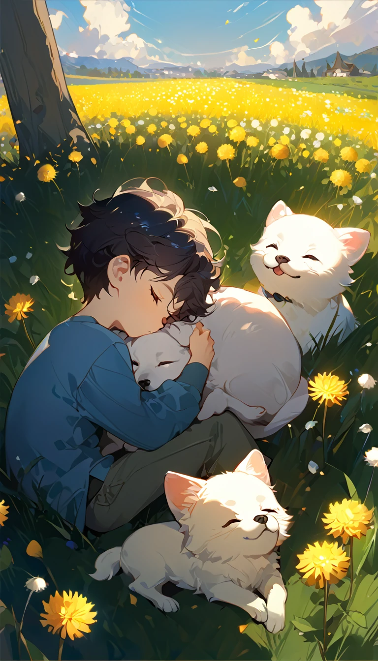 masterpiece, best quality, 8k, 4k, 1boy, kid, sleeping, dark blue hair with red stripes, blue long sleeve shirt, short pale brown pants with pocket, lay down on the field, white puppy sleeping next to the boy, siberian white puppy, white dandelions fields, dandelions Taraxacum erythrosperm, wind blowing, sleeping on the fields, finely detailed eyes and detailed face, inspired by Asukaziye artist : ask, art style : ask