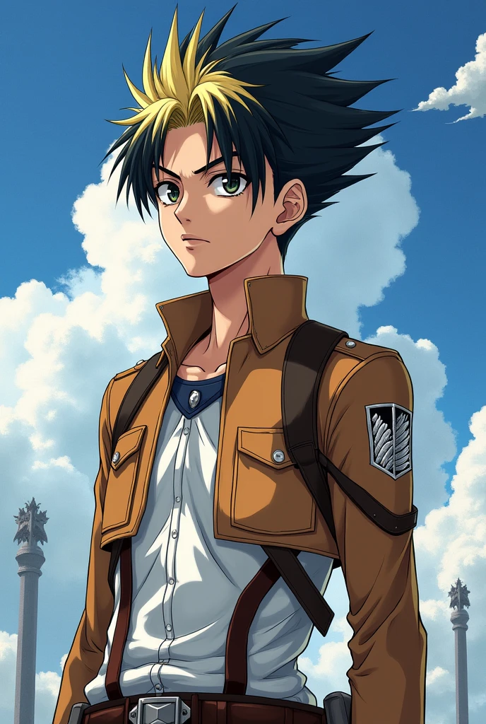 man, young short hair and raised, mohawk style hair, blonde tips but black roots, serious expression, thick eyebrows, big black eyes, delgado, white, Attack on Titan manga style, with the attack on titan uniform 
