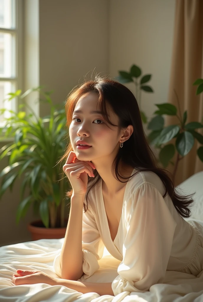 Asian women portrait photography,Warm sunlight shines into the room,Green plants placed beside the bed