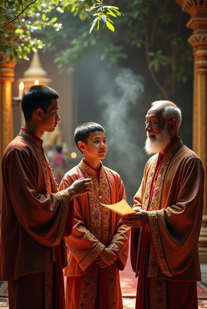 A picture of two young handsome Burmese ancient princes wearing with the prince's suit which has a lot of jewels on it studying from an old wise Buddha follower holding the paper of the preached of Load Buddha in his hand and telling something to those princes.