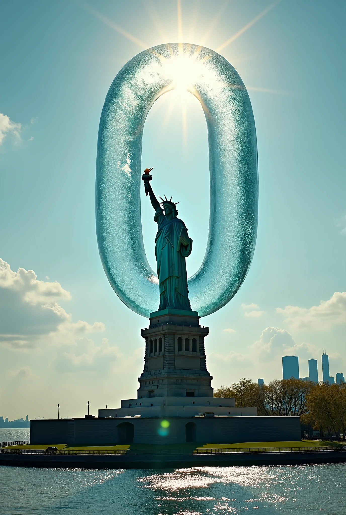 A cinematic shot of the Statue of Liberty on a sunny summer day,, with a transparent, water-formed "0" hovering above the statue. The New York skyline and river form the background, captured from a low-angle perspective, creating a sense of awe and scale. The lighting is bright, with the sun behind the statue, creating a halo effect around the water "0" and casting deep shadows across the scene, vivid style, hdr lighting, high contrast