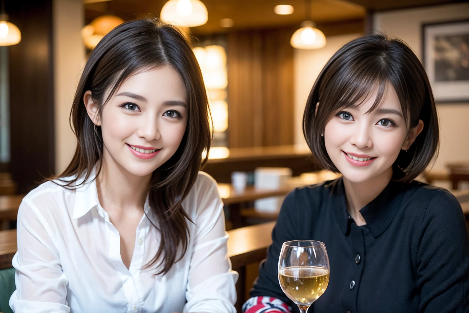((Highest quality、8k、masterpiece:1.3))、slimカップル、modelカップル、(Realistic, Intricate details:1.2), sashimi、Tempura、Japanese sake、Shochu 、Amazing view of the sunset sky and clouds、A bright smile、The wonderfulness of smile、Bright image、The beauty of wine, Beautiful Face, blue eyes, The light shines on your face, blush, short hair,Bright Face、 (Age 37), 39 years old, sparkling wine、Two beauties、Brown Hair、Shortcuts、Long sleeve shirt、dress、Beautiful woman 1, (slimな顔), (The body is slim), (Brown Hair), (Shortcuts), cheeks turn a little red,Attractive beauty、restaurant, In a prominent place (From the waist up) Nova Frog Style, actress, model, Upper Body, White wine, slim, smile, (smile: 1.15), Beautiful fine grain, Depth f/2,saturation, High Contrast, Strong light and shadow,Moist Body:1.5、3D texture、Delicate eyes、Brown Hair、The hair is very shiny、