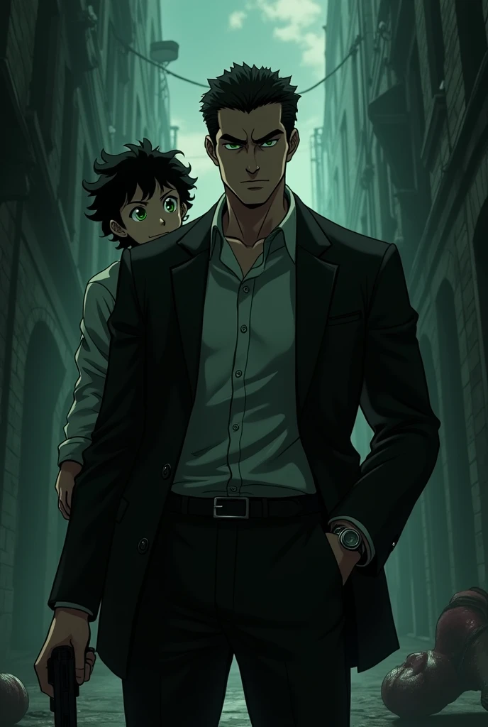 A mafia man in his 30s, Italian with green eyes and handsome black hair, He looked young and muscular alpha dominant psychopath holding a gun with bodies around him of his victims. While his  son was writing behind him his eyes were green and hair was black curlyAnime style