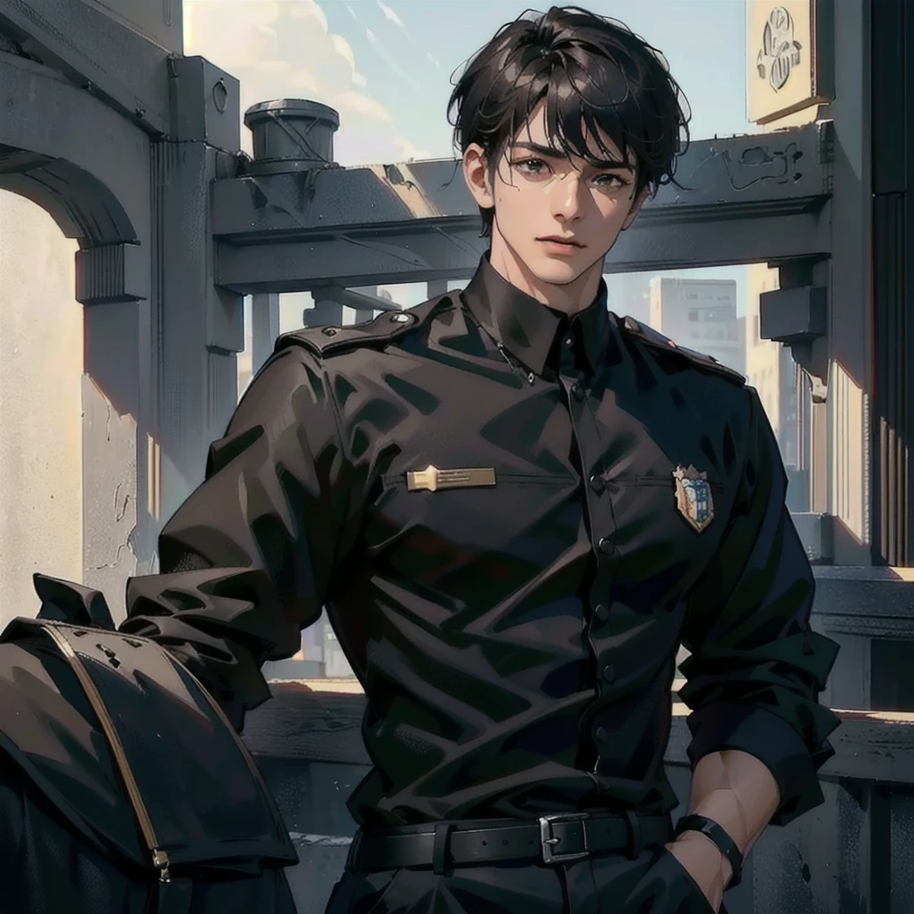 a 25 year old man ((black short hair:1.0)), brown eyes, mole under the eye on the cheek, wearing an official uniform, masculinity, (best quality,4k,8k,highres,masterpiece:1.2),ultra-detailed,(realistic,photorealistic,photo-realistic:1.37),cinematic lighting,highly detailed face and body,sharp focus,vivid colors,anime style