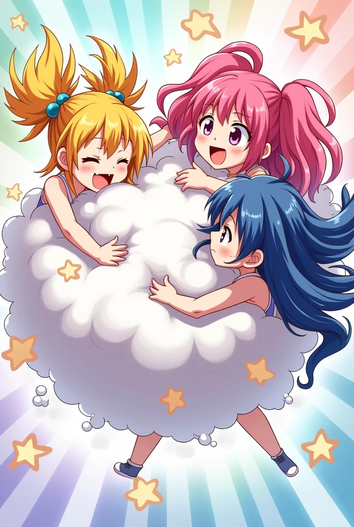 An anime-style illustration depicting three twin-tailed girls playfully wrestling with each other inside a comical fight cloud.
each girl has different colored hair: one with blonde twin tailes,another with pink twin tailes,and one with blue twin tailes.
their faces,hands,and feet are visible emerging from the cloud as they tussle humorously, with the rest of their bodies completely hidden inside the cloud.
the illustration emphasizes the humorous and energetic nature of their scuffle,with a fluffy andexaggerated fight cloud.