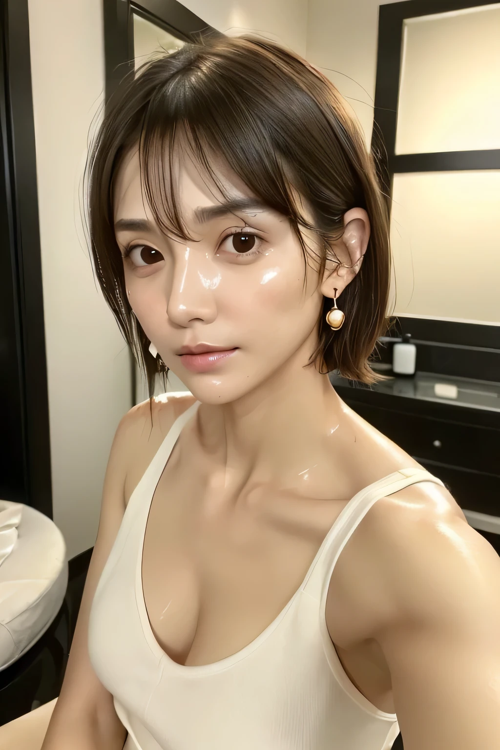 Look into the eyes,　Eye contact,　Front of face,　face,　Cross-legged,　indoor,　Brown Hair,　bangs,　clavicle,　clavicle,　clavicle,　shoulder,　Cross-legged,　chest,　Earrings,　The gaze looking down on me,　Private room,　Tank top,　(Oily skin,Moisturizing the skin:1.5),　(Look at me:1.9)