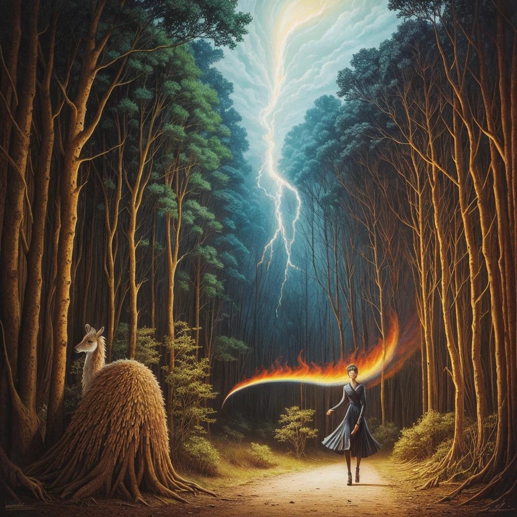 golden hour, paranormal activities, surreal portrait of a beautiful scared young woman with face of Audrey Hepburn morphed with Anne Hathaway screaming running away from taxes and dancing, colorful forrest with weird trees, log palace, gigantic birthday cake monster producing tornado whirlpool, hedgehog giraffe, swing, psyhodelic horror mood, color pencil art in style of zdzisław beksiński