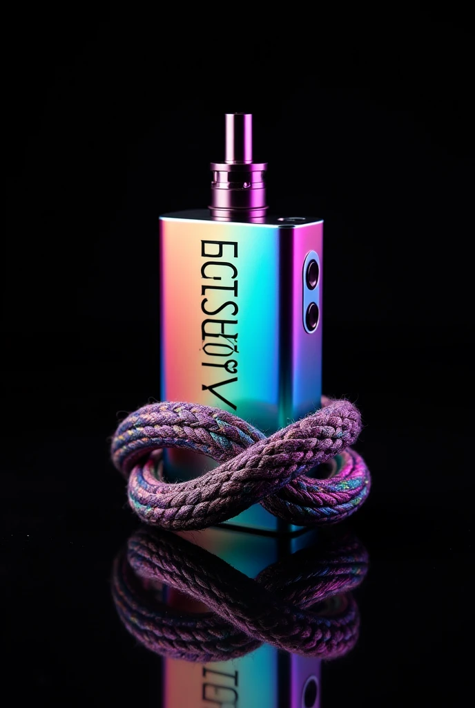 A vaporizer vape between linked to a psychedelic colored eternity knot on a black background.
The vaporizer vape must say ETERNITY FLOW The vaporizer must be square rectangular and must have rounded edges.
The vape pen should be in psychedelic matte colors. The rope should have a hexagonal shape.