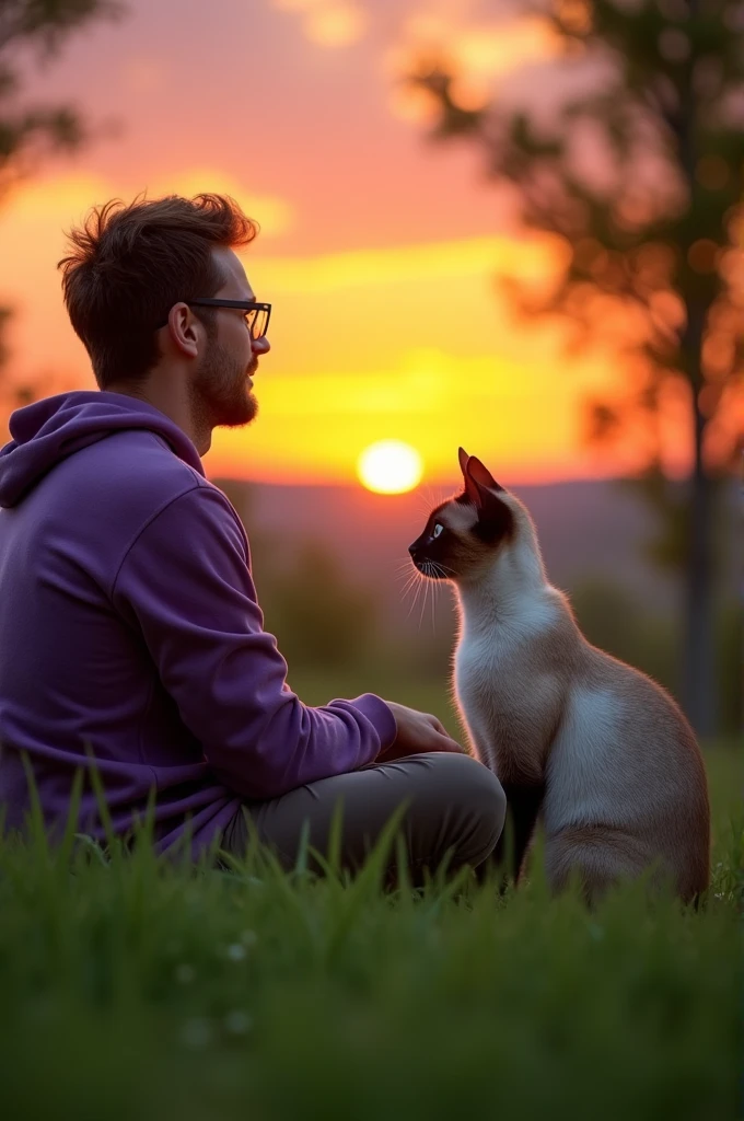 Draw a white man in a purple sweatshirt sitting on the grass with a Siamese cat watching the sunset in a rear angle