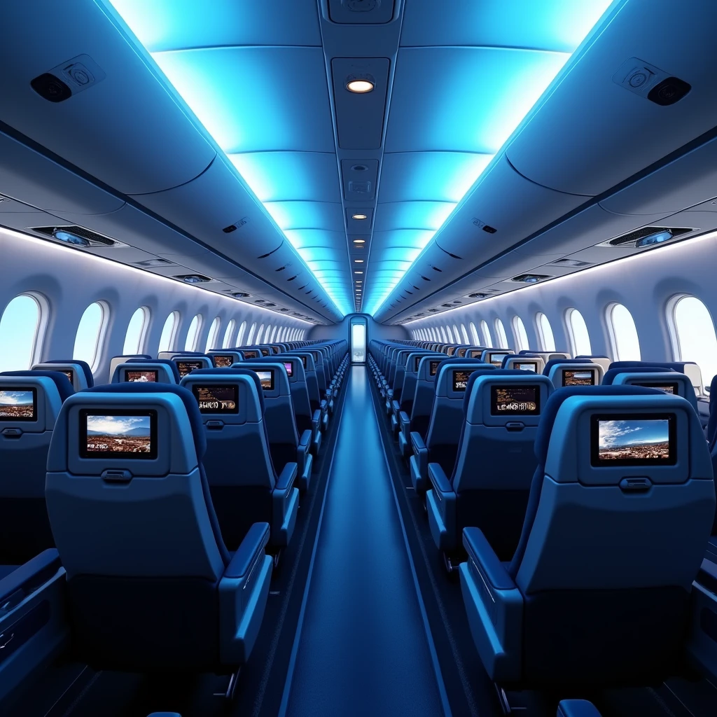 In the cockpit of the aircraft,You can see a lot of airplane seats,The seats have screens on the headrests,No passengers,Can see out the window and back of the seat,Camera rotates 60 degrees VR effect