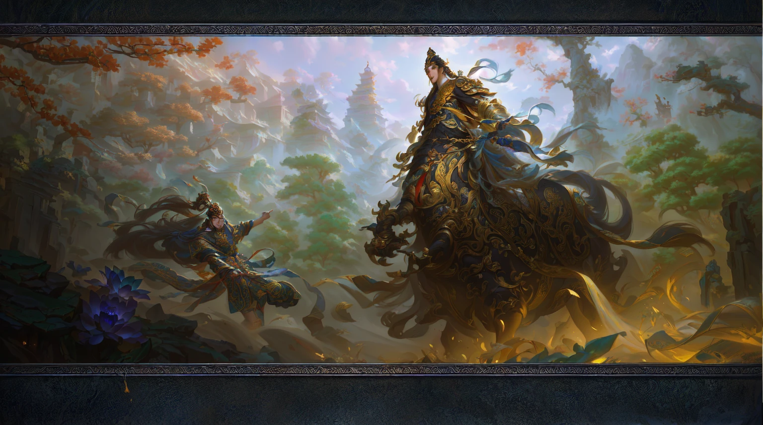 Painting of Buddha and monkey, Award-winning epic paintings, Inspired by Huang Shen, Inspired by Fenghua Zhong, Inspired by Chen Rong, Wing Wall and Shurak, Concept Art Masterpiece, G Liulian art style, Art Station, Concept Art Painting, author:Yang J
