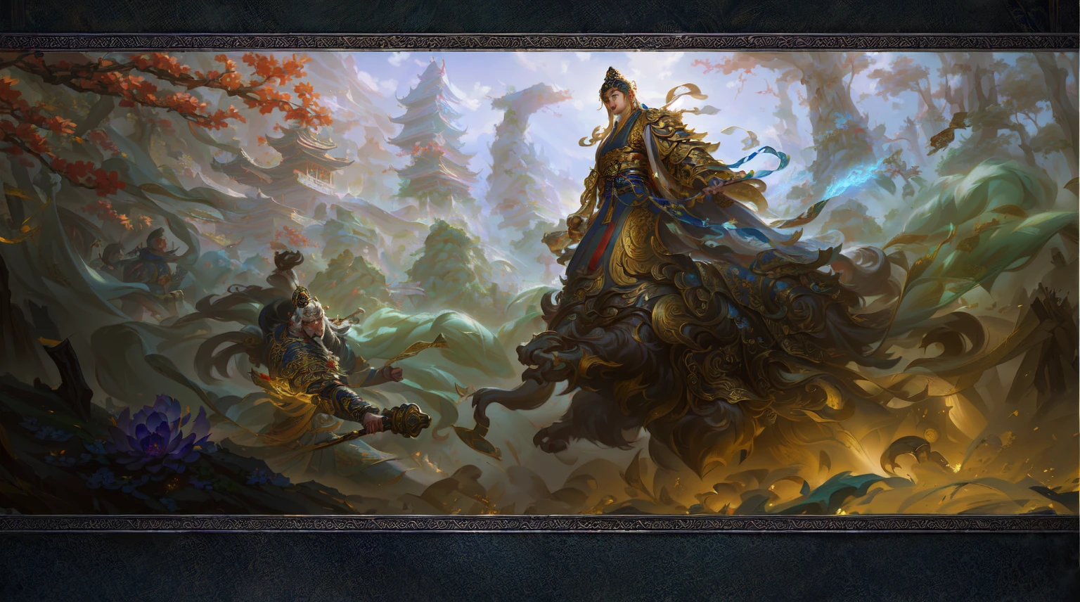 Painting of Buddha and monkey, Award-winning epic paintings, Inspired by Huang Shen, Inspired by Fenghua Zhong, Inspired by Chen Rong, Wing Wall and Shurak, Concept Art Masterpiece, G Liulian art style, Art Station, Concept Art Painting, author:Yang J