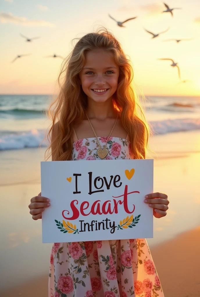 Beautiful girl with wavy long hair, bohemian dress, holding a white board with text "I Love Seaart Infinity" and showing it to the viewer