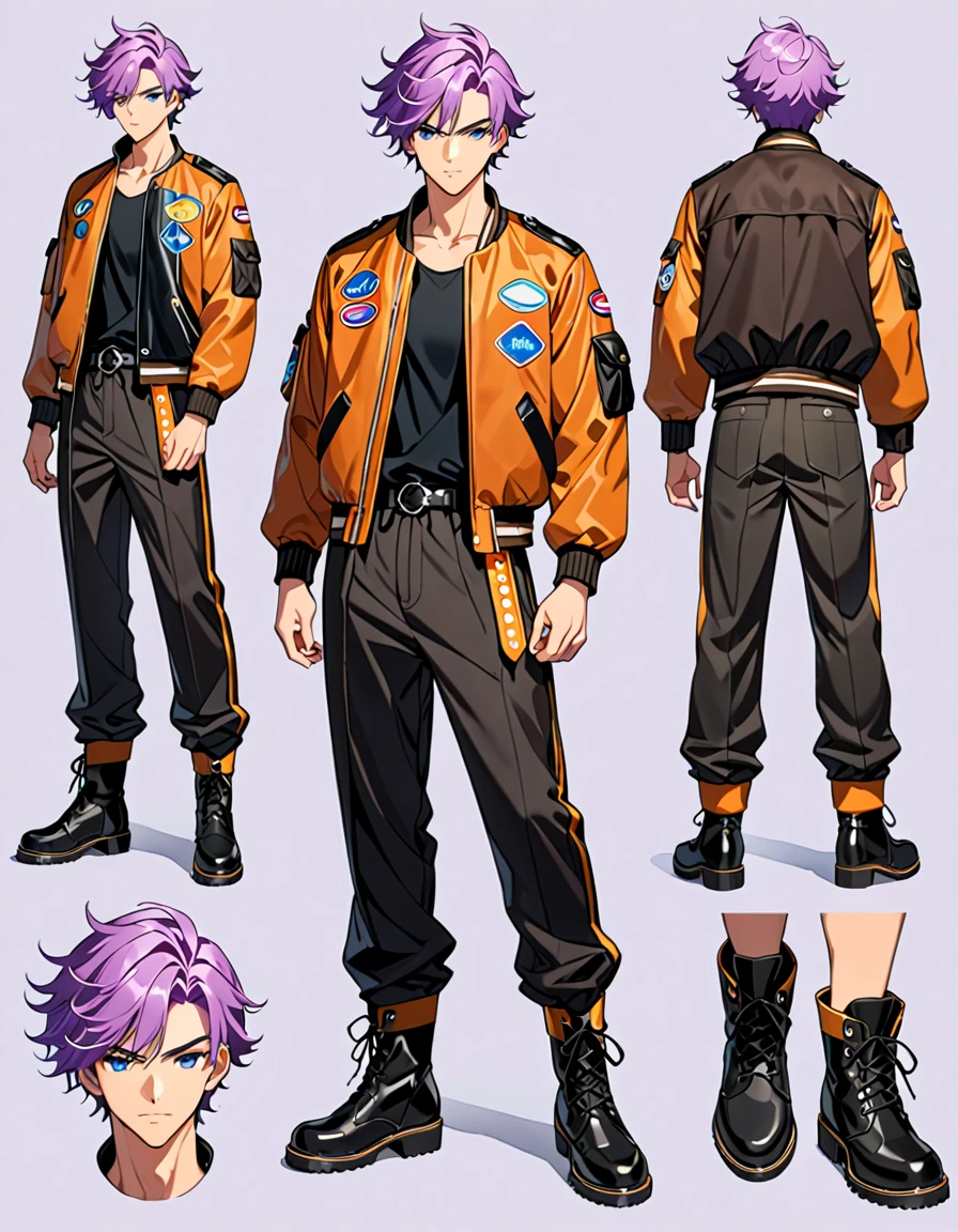 (masterpiece), (best quality), (high res), male, tall body, beautiful detailed eyes, beautiful detailed face, serious, perfect hands, complete fingers, perfect anatomy, perfect proportions, ((light purple hair, short hair, mushroom hair style )), ((blue eyes)), (( bomber jacket, black tank top and black buggy pants outfit with boots)), muscles, looking at viewer, (solo, solo focus), standing,, sword on the back, full body costume design. Simple background, Multiple Views, Character Sheet Full-Length.