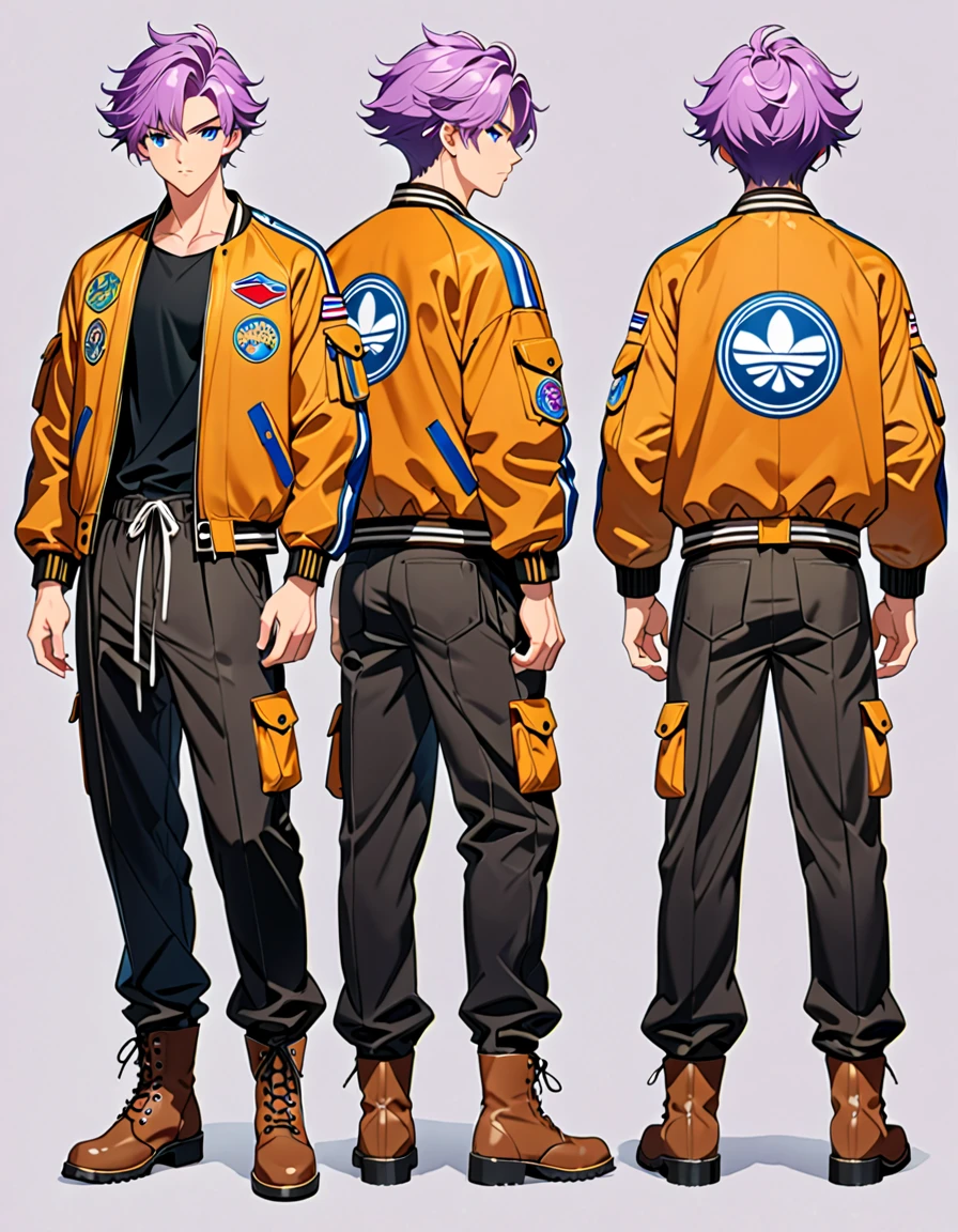(masterpiece), (best quality), (high res), male, tall body, beautiful detailed eyes, beautiful detailed face, serious, perfect hands, complete fingers, perfect ???????, perfect proportions, ((light purple hair, short hair, mushroom hair style )), ((blue eyes)), (( bomber jacket, black tank top and black buggy pants outfit with boots)), muscles, looking at viewer, (solo, solo focus), standing,, sword on the back, full body costume design. Simple background, Multiple Views, Character Sheet Full-Length.