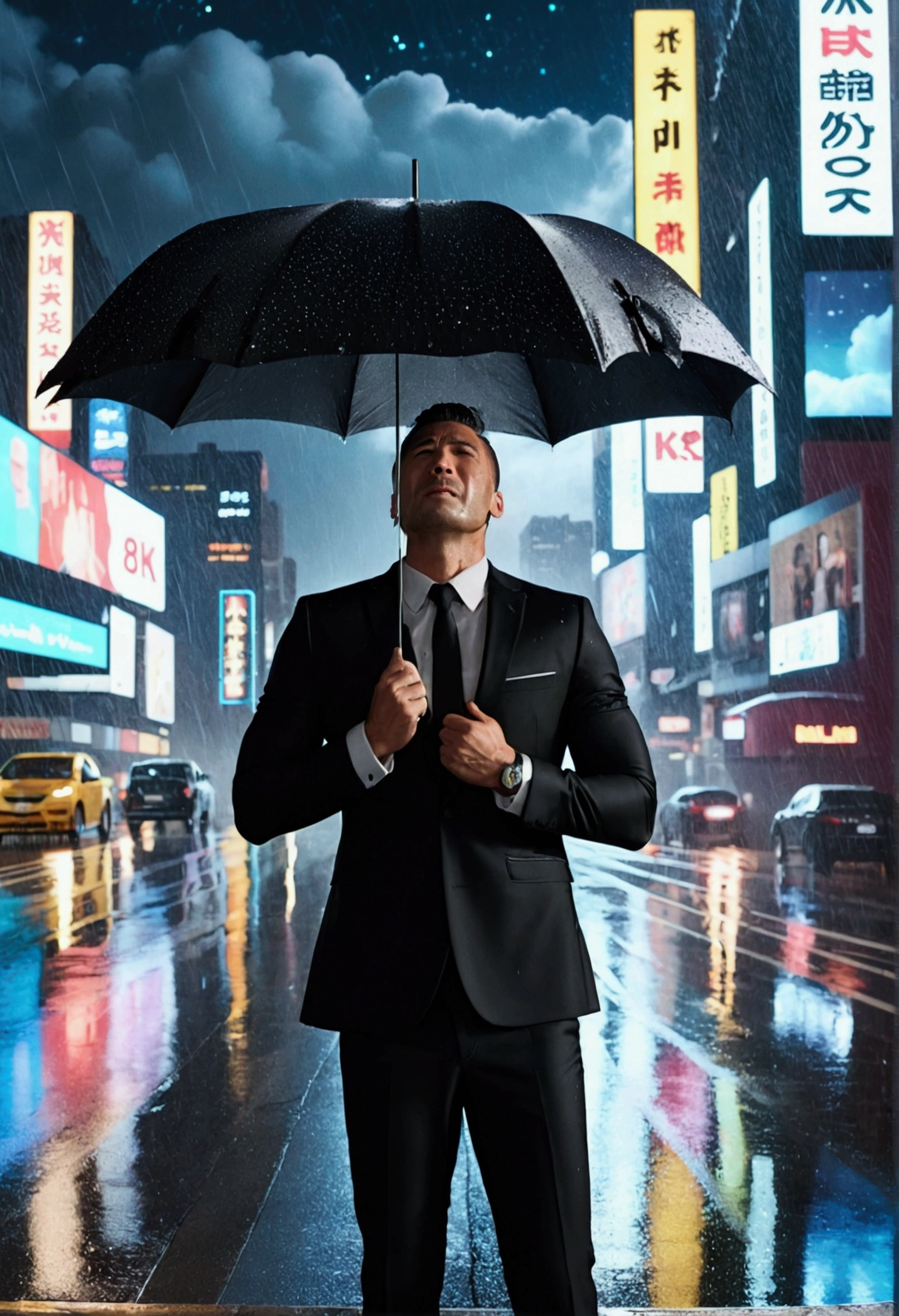 Animate 8k quality pictures of a man wearing black suit nealing down and crying lifting his head looking the sky surrounded by buildings have billboards on the road at night the Sky and clouds and stars are clear of high quality and it's raining 8k and people carrying umbrella passing him