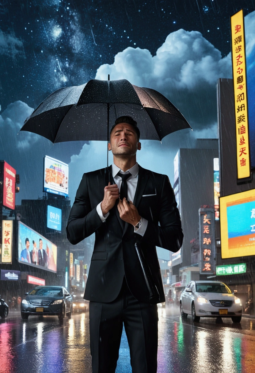 Animate 8k quality pictures of a man wearing black suit nealing down and crying lifting his head looking the sky surrounded by buildings have billboards on the road at night the Sky and clouds and stars are clear of high quality and it's raining 8k and people carrying umbrella passing him