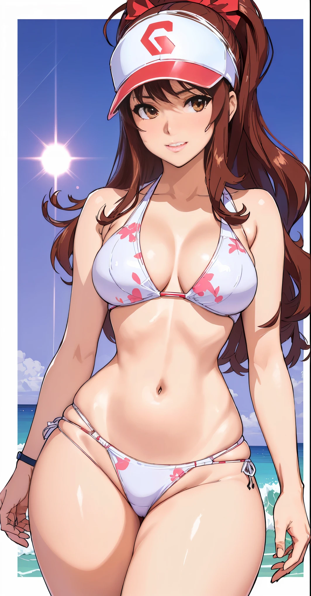 a woman in a bikini and visor is standing on the beach, realistic bikini, swimsuit, seductive anime girl, marin kitagawa fanart, oppai, oppai proportions, range murata and artgerm, in bikini, extremely detailed artgerm, is wearing a swimsuit, makoto shinkai and artgerm, from girls frontline, at the beach,red and black hair,thicc ass