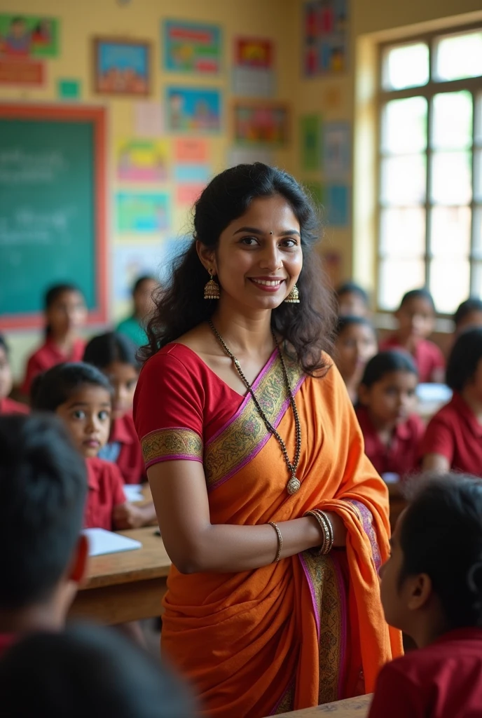 A beautiful desi Indian teacher asking a question. Facing the camera