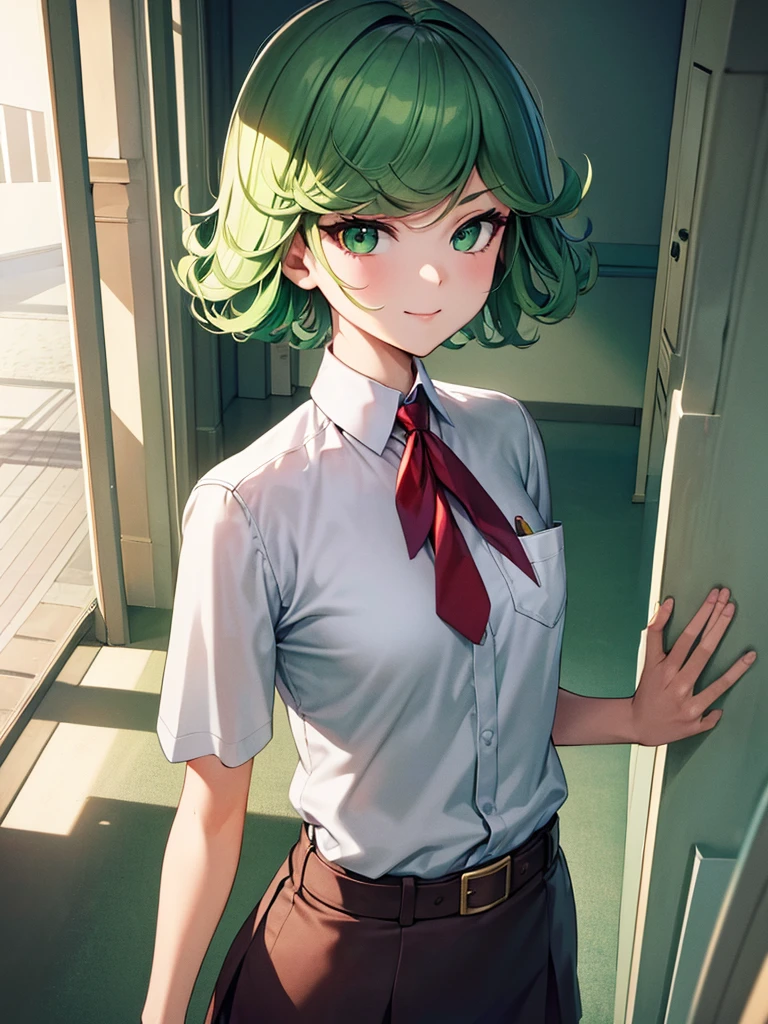 (high res, 8K, masterpiece, looking at viewer, best quality, very aesthetic, ultra detailed, ultra background, ultra Eyes) intricate details, 1girl, Tatsumaki, Chibi, body upright, both hands sideways, Green Short Hair, Green Eyes, short sleeved white shirt, Smile Face, pocket on left chest, wearing a Red tie, Red short skirt, wear a belt, Background school hallway, School, Cinematic Angle