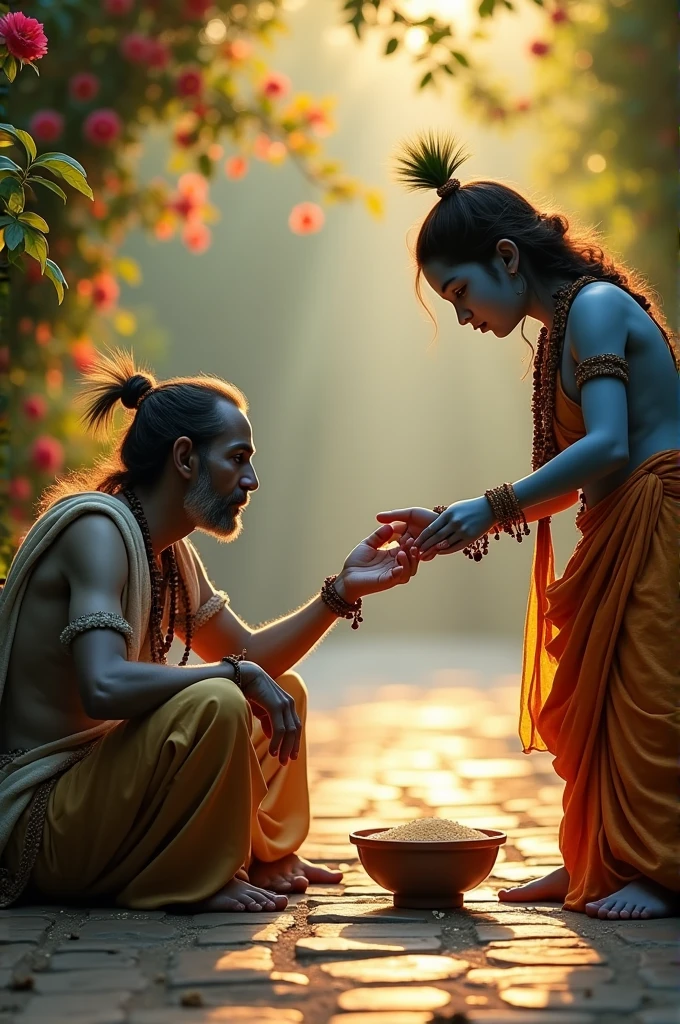 Krishna s hand on begger who is eating food and only kishna s hand is shown