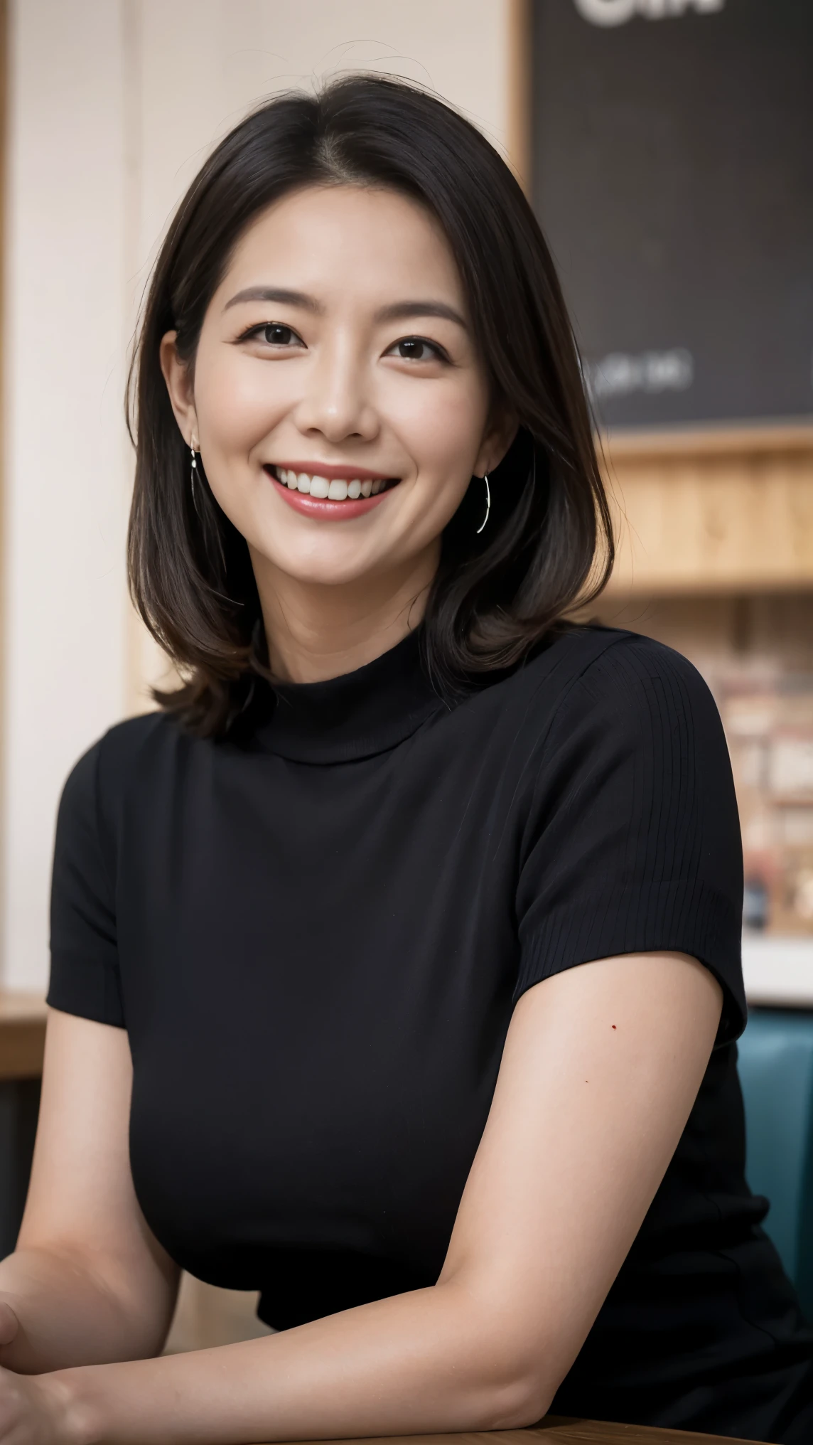 8k wallpaper, masterpiece, Highest quality, Very detailed, One Mature Woman, 50 years old, Become very clear, Wearing a short-sleeved knit, Skin dents, Captivating smile, Looking at the audience, No lapel microphone, Plump, Curvaceous, Attractive face, Smiling with teeth showing, I was happy, sitting in a cafe, Background Blur