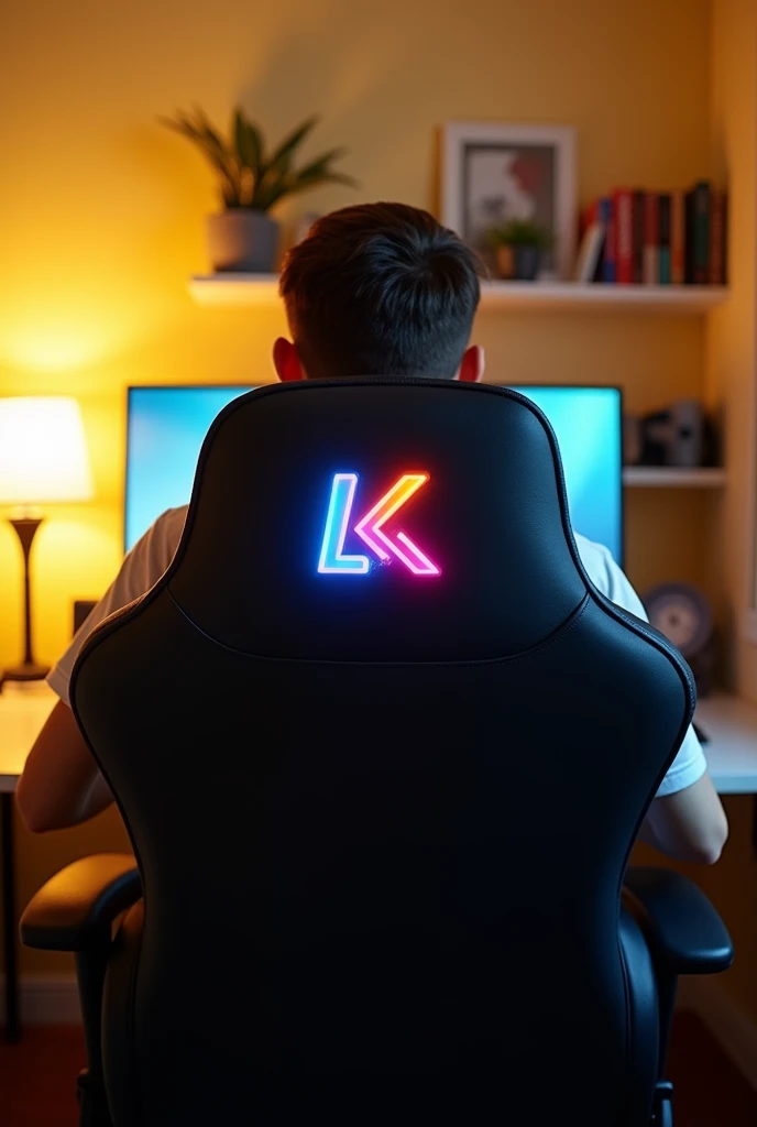 A 20 years boy seat on a game most beautiful black chair. On the top of chairs LearnKEarn write in more attractive gradient color. The boy look straight. He in a room. And ROM i professional developer. And room color is little light yellow image size is yt video thumbnail