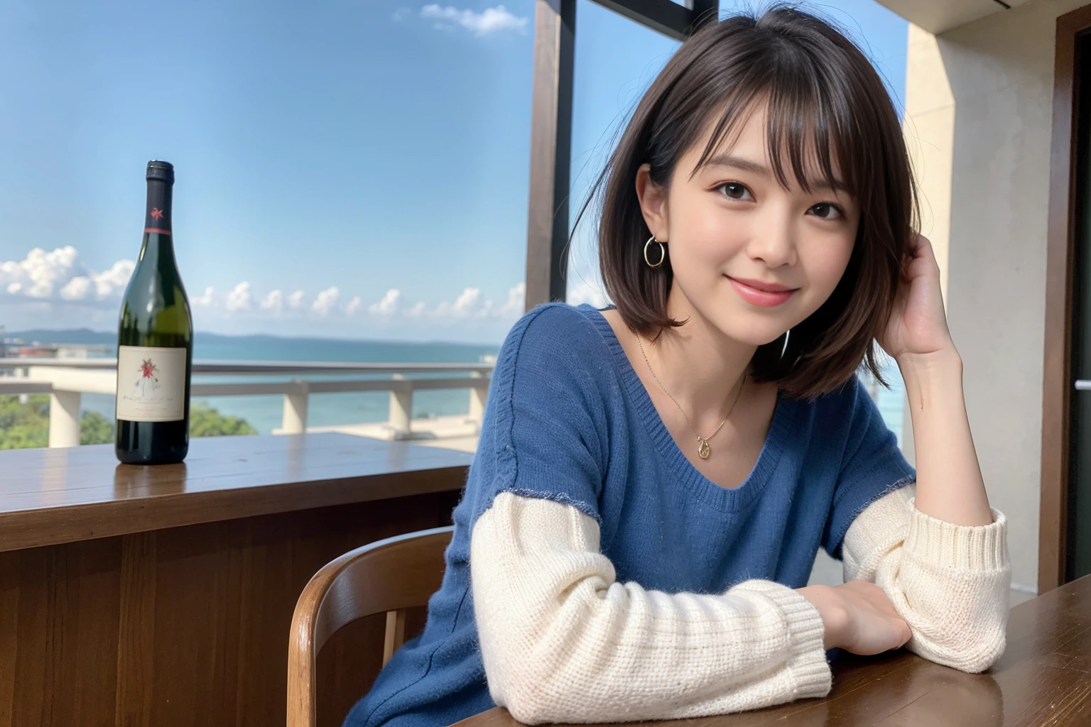 ((Highest quality、8k、masterpiece:1.3))、slimカップル、modelカップル、(Realistic, Intricate details:1.2), sashimi、Tempura、Japanese sake、Shochu 、Amazing view of the sunset sky and clouds、A bright smile、The wonderfulness of smile、Bright image、The beauty of wine, Beautiful Face, blue eyes, The light shines on your face, blush, short hair,Bright Face、 (Age 37), 39 years old, sparkling wine、Two beauties、Brown Hair、Shortcuts、Long sleeve shirt、dress、Beautiful woman 1, (slimな顔), (The body is slim), (Brown Hair), (Shortcuts), cheeks turn a little red,Attractive beauty、restaurant, In a prominent place (From the waist up) Nova Frog Style, actress, model, Upper Body, White wine, slim, smile, (smile: 1.15), Beautiful fine grain, Depth f/2,saturation, High Contrast, Strong light and shadow,Moist Body:1.5、3D texture、Delicate eyes、Brown Hair、The hair is very shiny、
